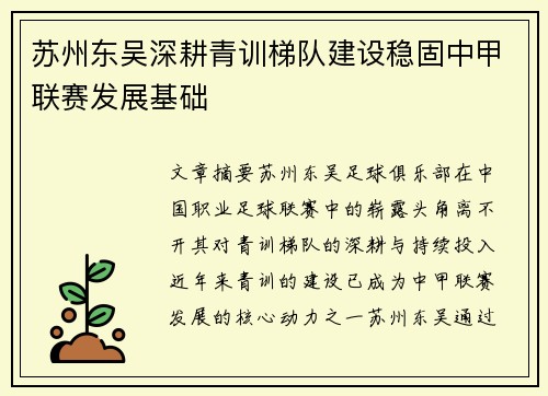 苏州东吴深耕青训梯队建设稳固中甲联赛发展基础